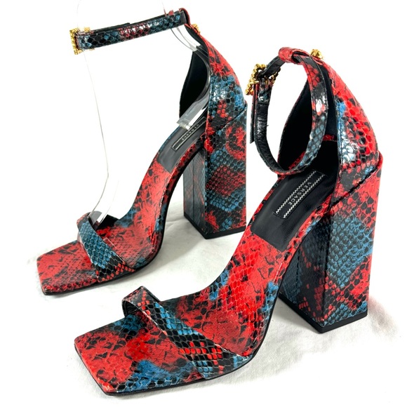 VERSACE Medusa Red Blue Embossed Snakeskin Leather Heel Sandals Wedge 38 8US - Picture 3 of 13